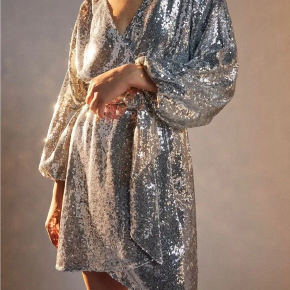 Anthropologie | Dresses | Anthropologie Silver Sequin Dress | Poshmark